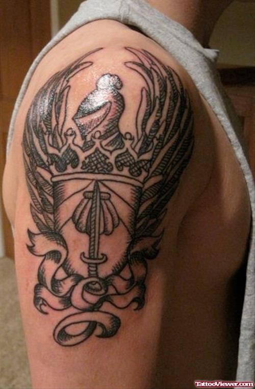 Winged Family Crest Tattoo On Right Half Sleeve