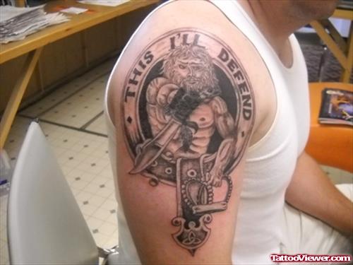 Grey Ink Right Half Sleeve English Family Crest Tattoo