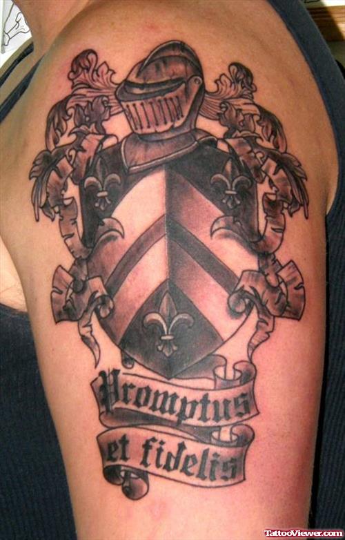 Grey Ink Family Crest Tattoo On Left Half Sleeve