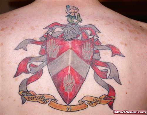 Grey And Red Ink Family Crest Tattoo On Upperback