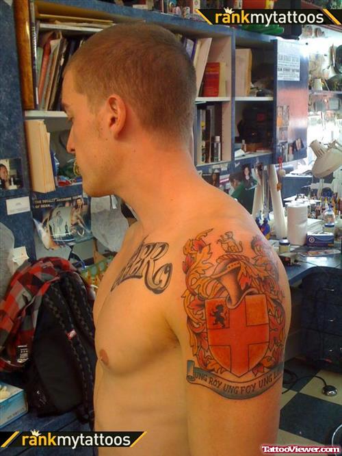 Colored Family Crest Tattoo On Left Shoulder
