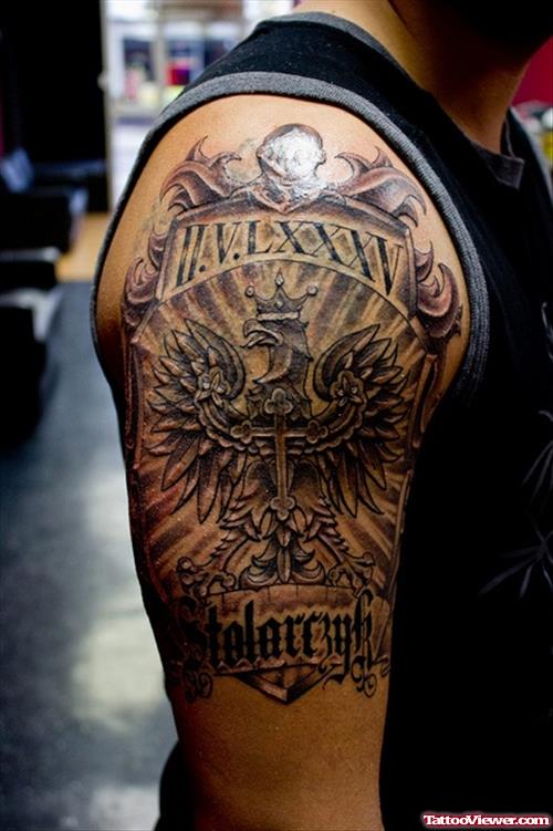 Right Bicep Family Crest Tattoo For Men