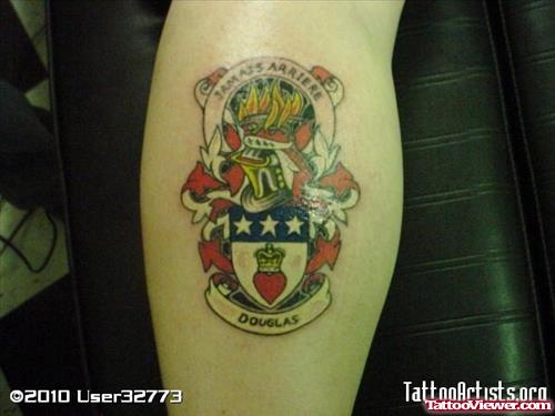Mexican Family Crest Tattoo On Back Leg