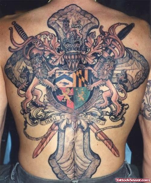 Large Cross And Family Crest Tattoo On Back