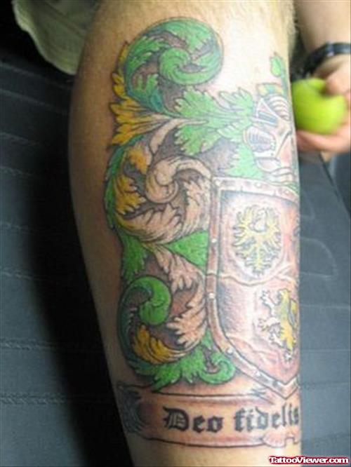 Gren Ink Family Crest Tattoo On Leg