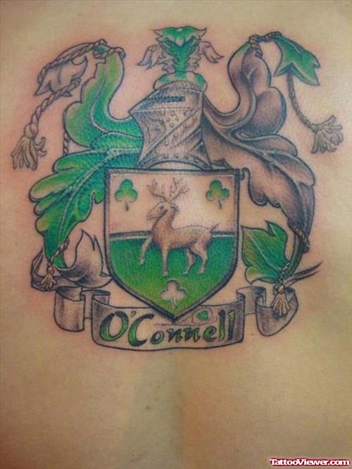 Green Ink Family Crest Tattoo On Back