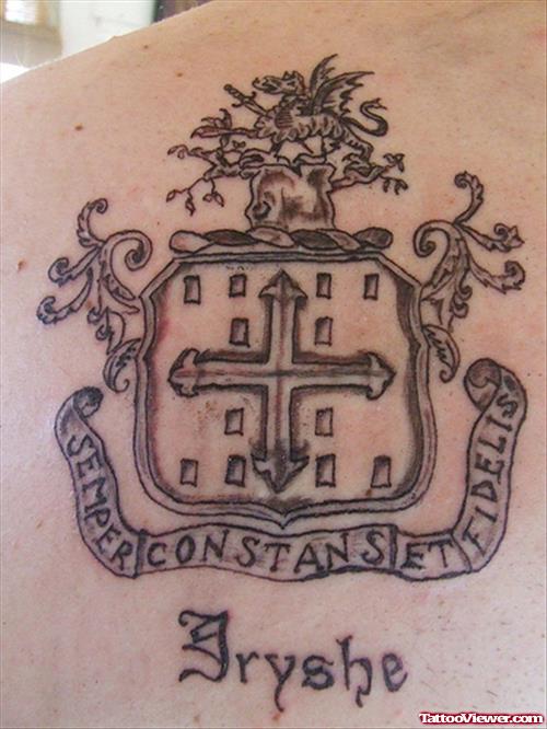 Nice Grey Ink Family Crest Tattoo On Back
