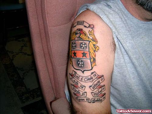 Man Right Half Sleeve Family Crest Tattoo