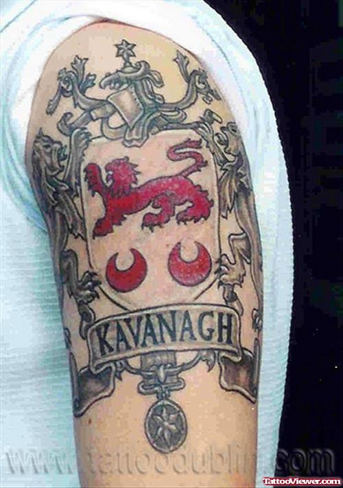 Irish Family Crest Tattoo On Left Half Sleeve