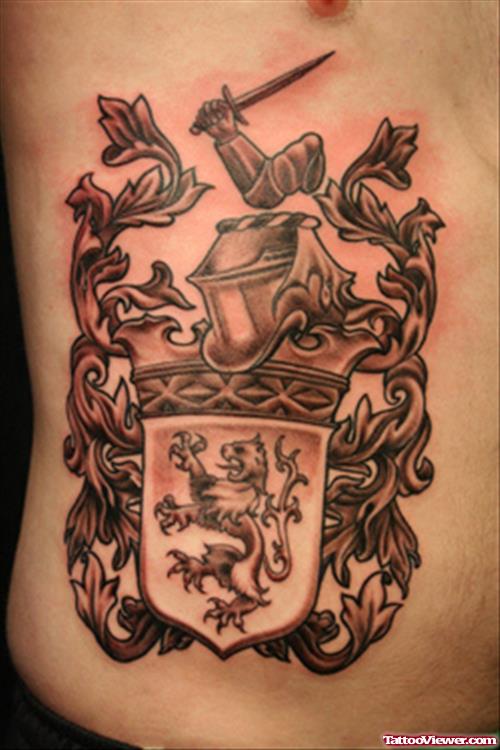 Grey Ink Family Crest Tattoo On Side Rib