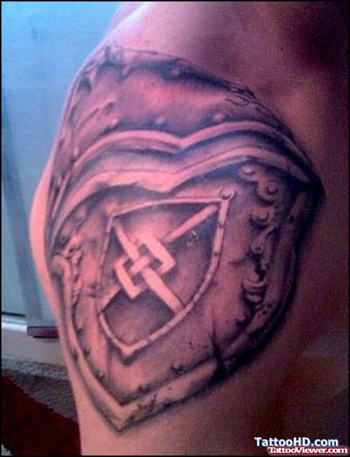 Crazy Grey Ink Family Crest Tattoo On Right Shoulder