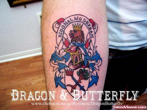 Colored Family Crest Tattoo On Right Forearm