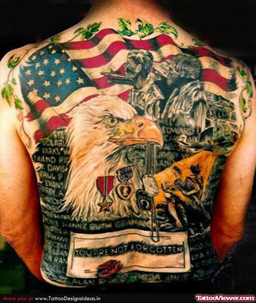 Colored Eagle Patriotic Family Crest Tattoo On Back