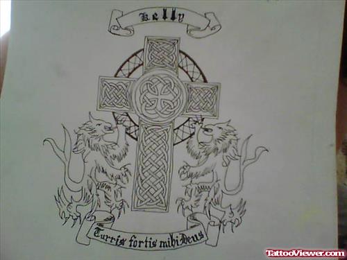 Celtic Cross And Griffins Family Crest Tattoo Design
