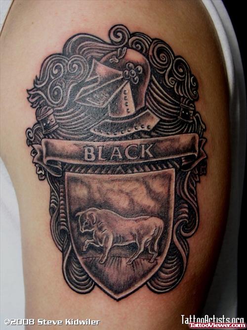 Black Family Crest Tattoo On Bicep