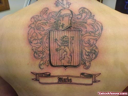 Banner And Family Crest Tattoo On Back