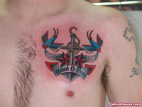 Anchor And Flying Birds Family Crest Tattoo On Chest