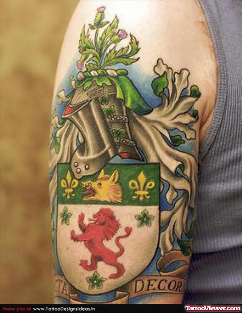 Irish Family Crest Tattoo On Half Sleeve