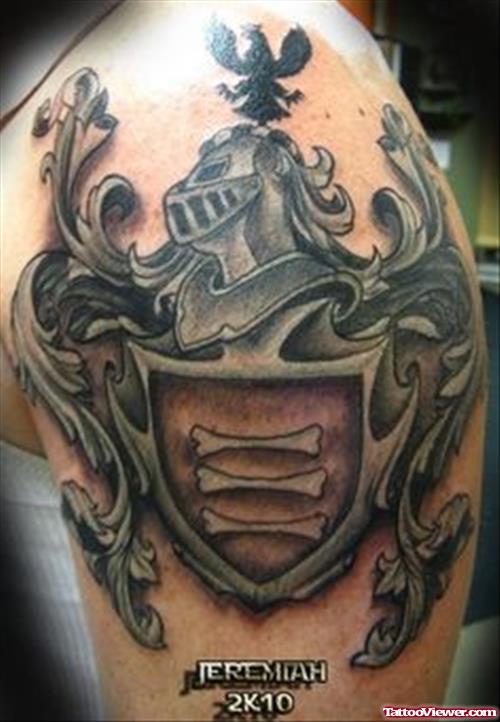 Guy Left Shoulder Family Crest Tattoo