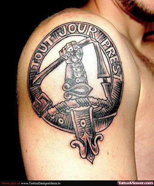 Grey Ink Family Crest Tattoo On Right Shoulder