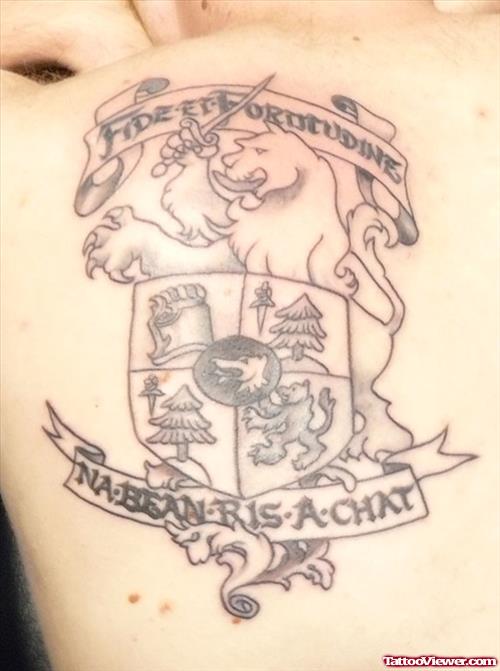 Grey Ink Family Crest Tattoo On Left Back Shoulder