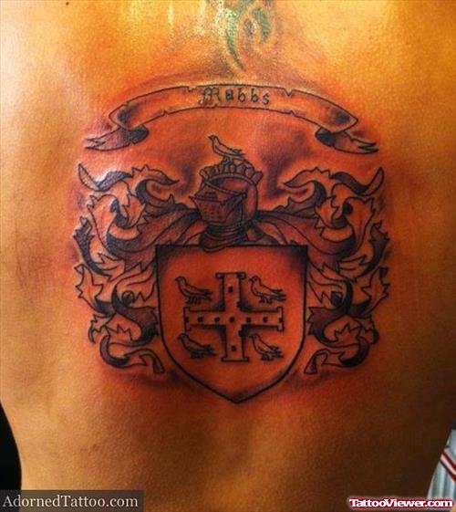 Grey Ink Banner And Family Crest Tattoo On Back