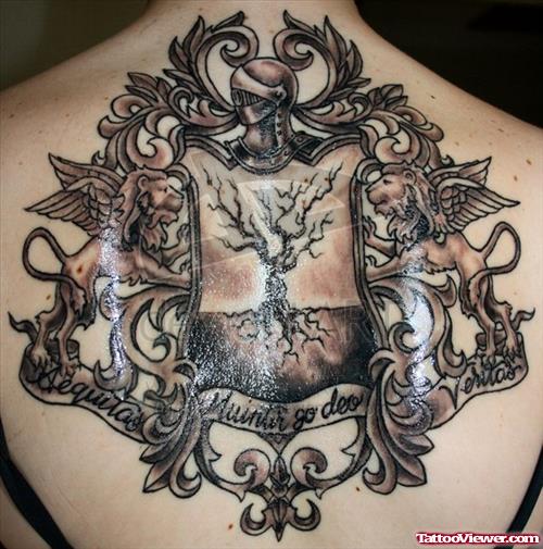 Family Crest Tattoo On Girl Upperback