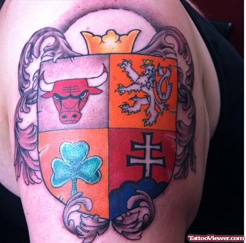Amazing Colored Family Crest Tattoo On Shoulder