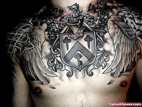 Awesome Grey Ink Family Crest Tattoo On Man Chest
