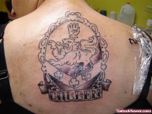 Grey Ink Family Crest Tattoo On Upperback