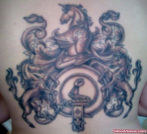 Grey Ink Family Crest Tattoo On Full Back
