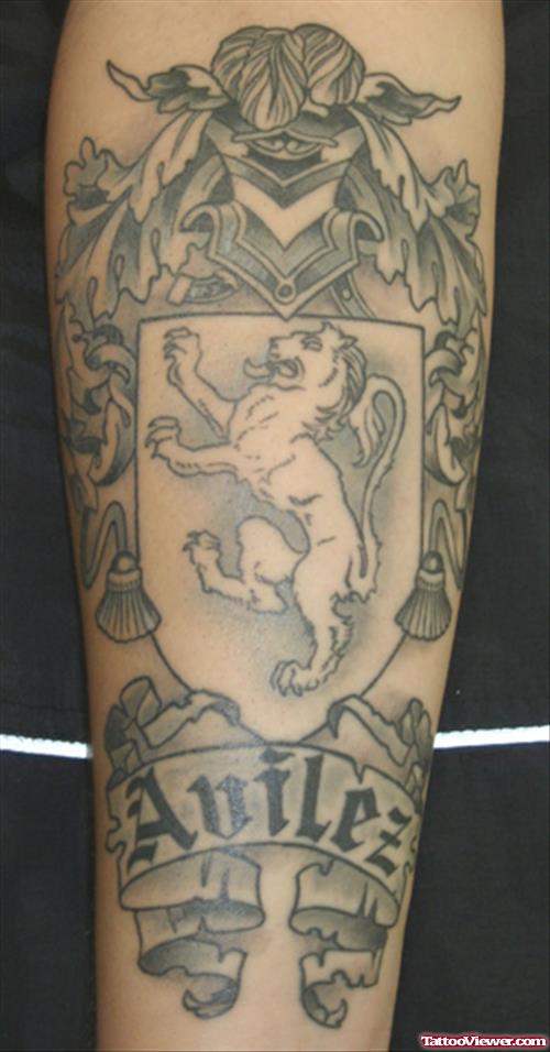 Grey Ink Banner And Family Crest Tattoo