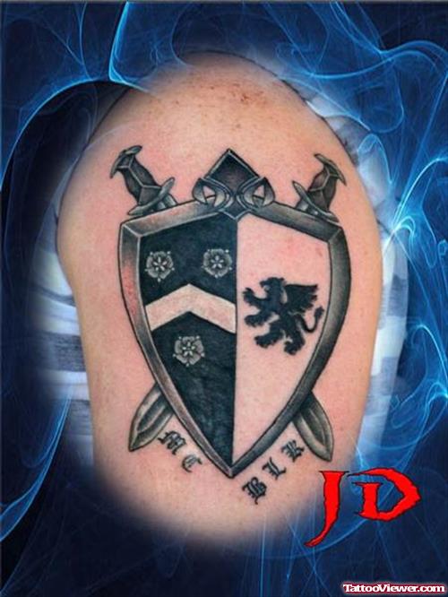 Black And Grey Ink Family Crest Tattoo
