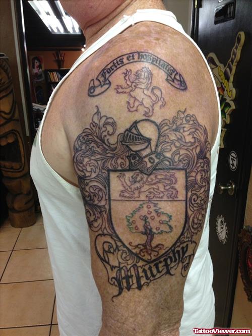 Beautiful Left Half Sleeve Family Crest Tattoo
