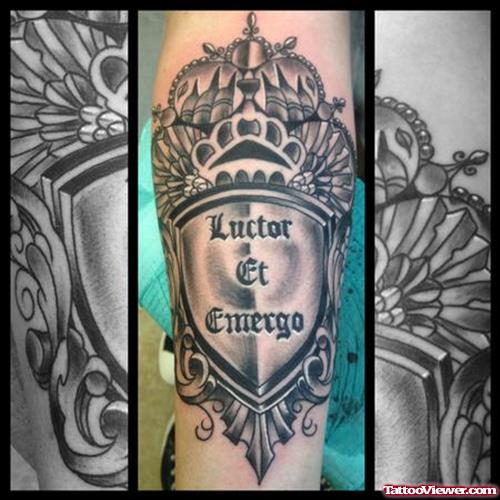 Awesome Grey Ink Family Crest Tattoo On Sleeve