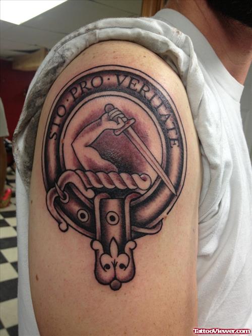 Attractive Grey Ink Family Crest Tattoo On Right Shoulder