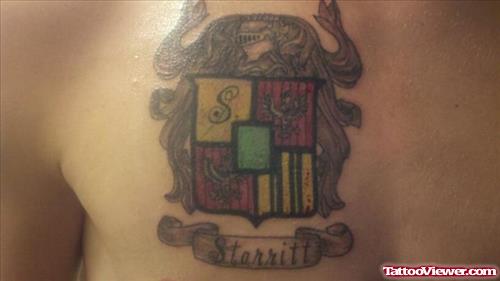 Amazing Colored Family Crest Tattoo On Man Chest