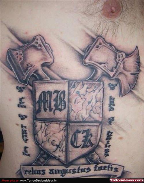 Grey Ink Family Crest Tattoo On Man Chest