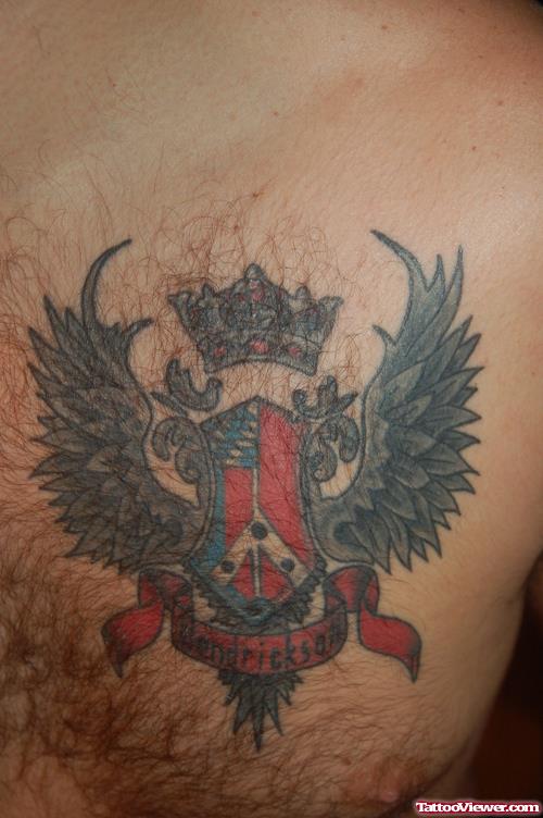 Cool Colored Family Crest Tattoo On Man Chest