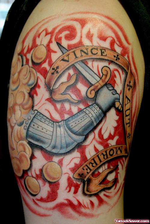 Colored Half Sleeve Family Crest Tattoo