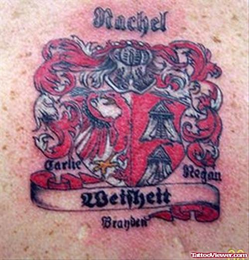 Beautiful Red Ink Family Crest Tattoo