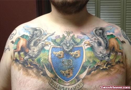 Awesome Colored Family Crest Tattoos On Chest