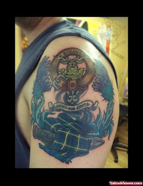 Awesome Color Ink Family Crest Tattoo On Left Shoulder