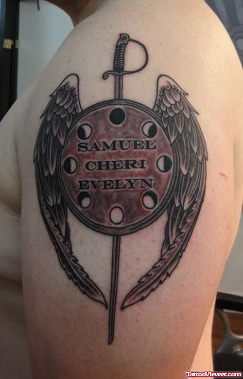 Angel Winged Family Crest Tattoo On Left Half Sleeve