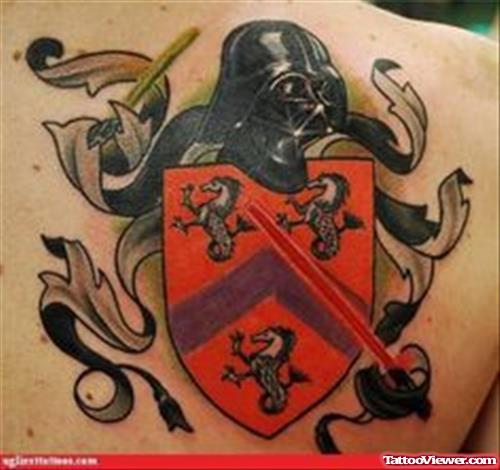 Colored Ink Family Crest Tattoo On Back Shoulder