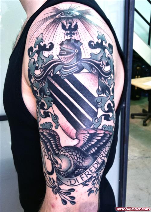 Classic Grey Ink Family Crest Tattoo On Left Half Sleeve