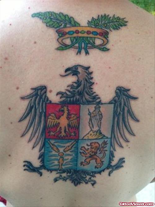 Colored Family Crest Tattoo On Back Body