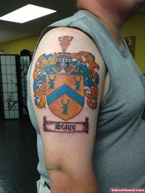 Beautiful Man Right Half Sleeve Family Crest Tattoo