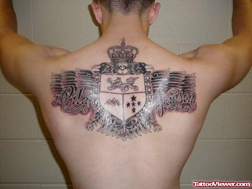 Amazing Family Crest Tattoo On Man Back Body