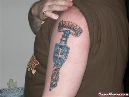Family Crest Cross Tattoo On Shoulder